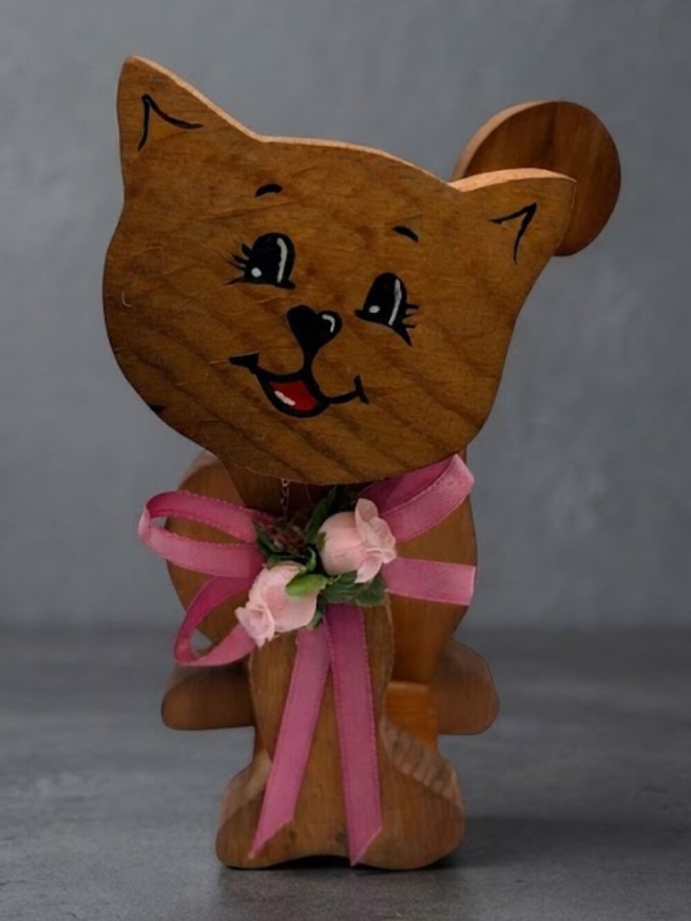 Vintage Hand Carved Wooden Cat Napkin Holder w/ Pink Ribbon Floral Accent 7.75"